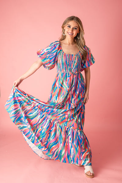 Colorful Strokes Puff Sleeve Maxi Dress
