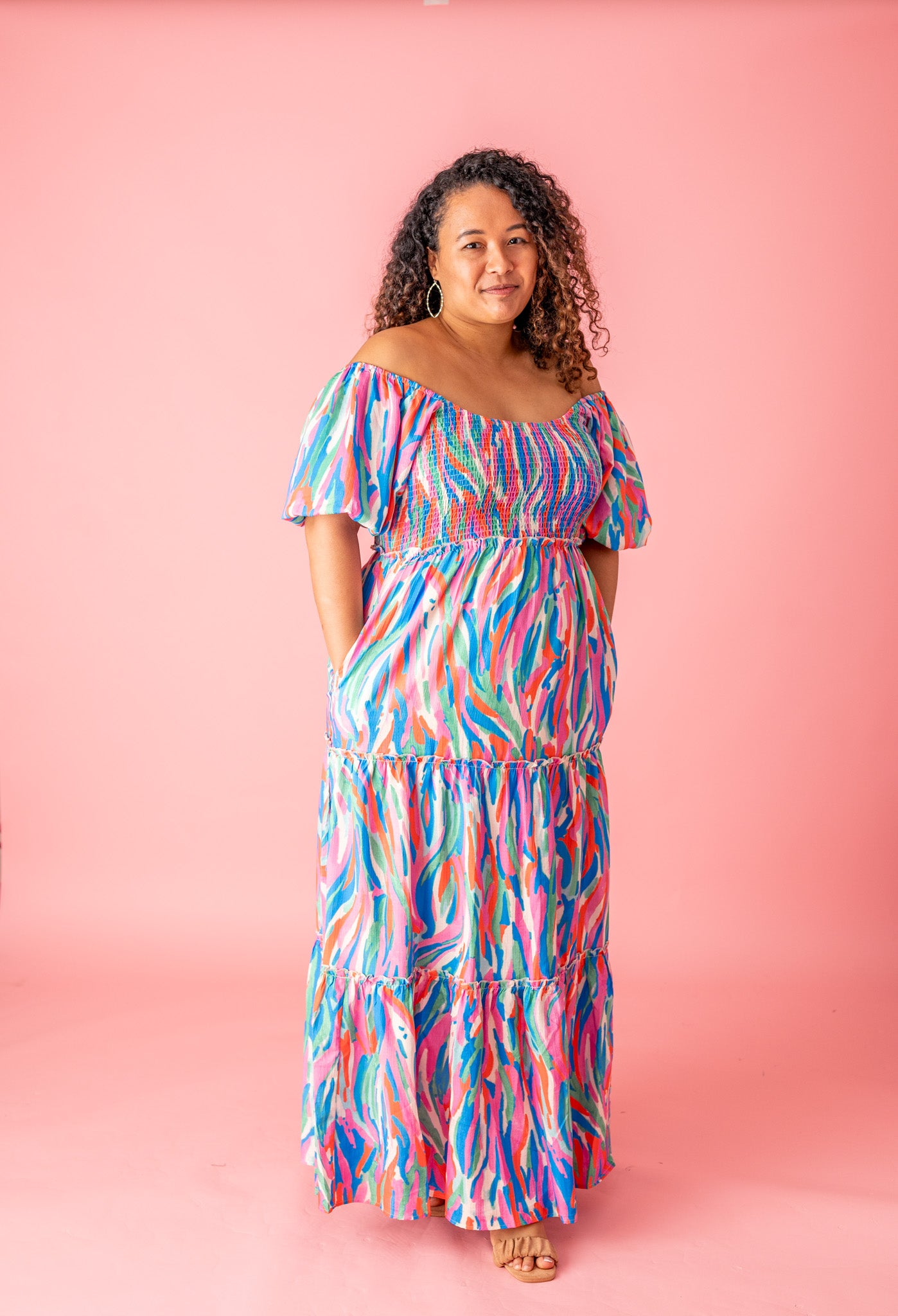 Colorful Strokes Puff Sleeve Maxi Dress
