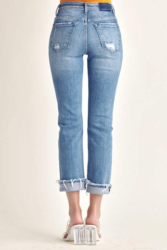 Risen Mid Rise Cuffed Straight Jeans