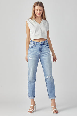 Risen Distressed Boyfriend Roll Up Hem Jean