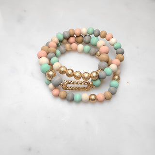 Textured & Wood Beaded Set of 3 Stretch Bracelet