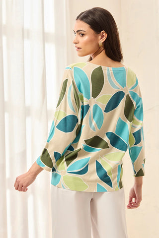 Tribal Soft Yarn Three-Quarter Sleeve Crewneck Sweater