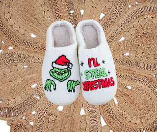 "I'll Steal Christmas" Grinch Embroidered Slippers