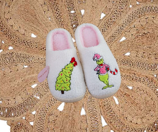 Grinch Monster Holiday Embroidery Slippers