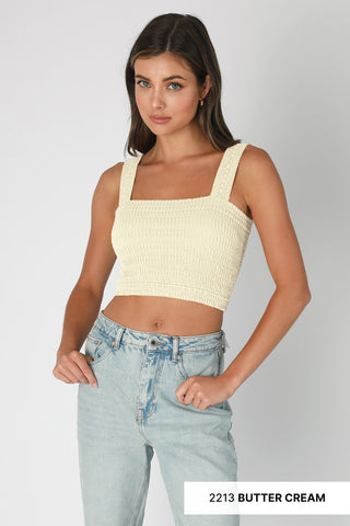 Shirred Square Neck Crop Tank Top