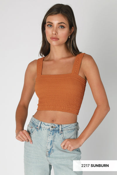 Shirred Square Neck Crop Tank Top