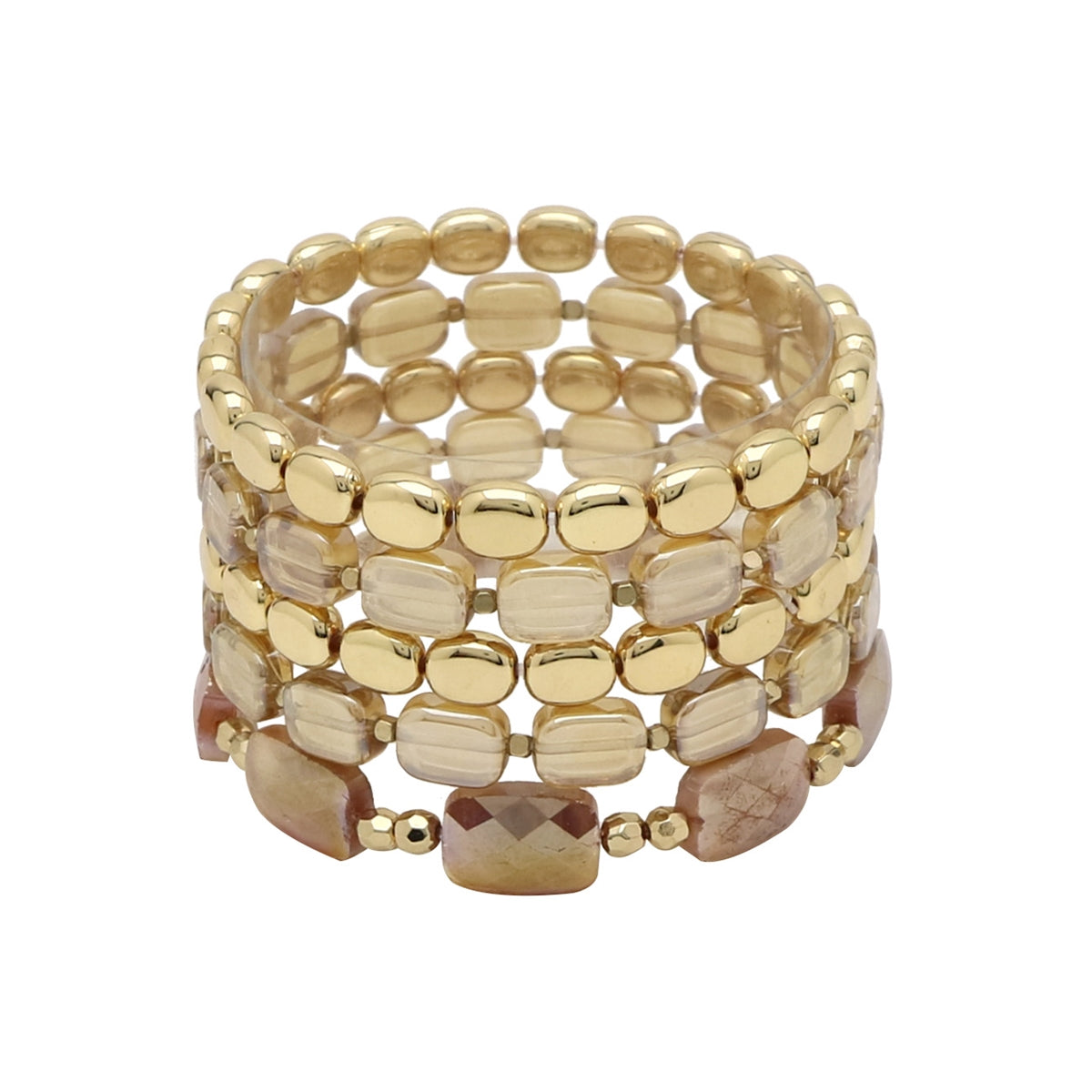 Tan Glass Crystal and Gold Bracelet Stack