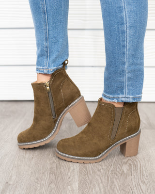 Bite Me Bootie - Khaki Faux Suede