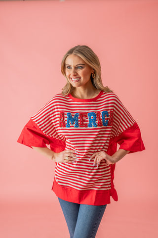 'America' Rhinestone Embroidery Stripe Top