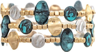 Rich in texture and coastal-inspired color, the Patina Shores Stretch Bracelet features a beautiful mix of turquoise patina stones, hammered gold accents, and silver-tone details. The layered design creates the look of multiple bracelets in one, making it an effortless statement piece for everyday wear.

Multi-strand stretch bracelet
Turquoise patina-inspired accents
Mixed gold and silver-tone details
Hammered metal textures throughout
Comfortable stretch fit
Perfect for stacking or wearing on its own

