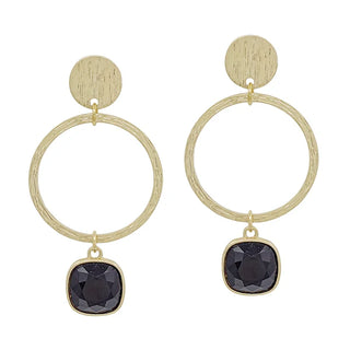 Open Circle with Black Stone Accent Earrings