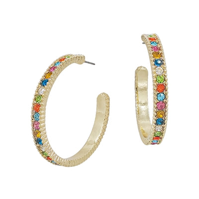 Gold Metal Hoop Earrings with Multi Crystal Accents
