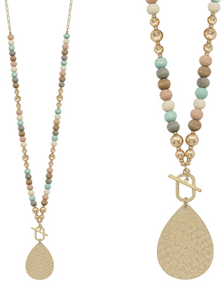 Wood Beaded Gold Teardrop Necklace