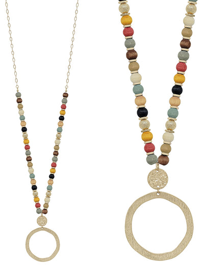 Wood Beaded with Hammered Gold Open Circle Drop Necklace