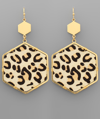 Hexagon Leather Animal Print Earrings