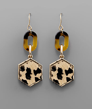 Animal Print Leather Hexagon Earrings