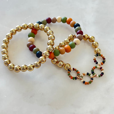 Wood and Gold Beaded Stretch Bracelet