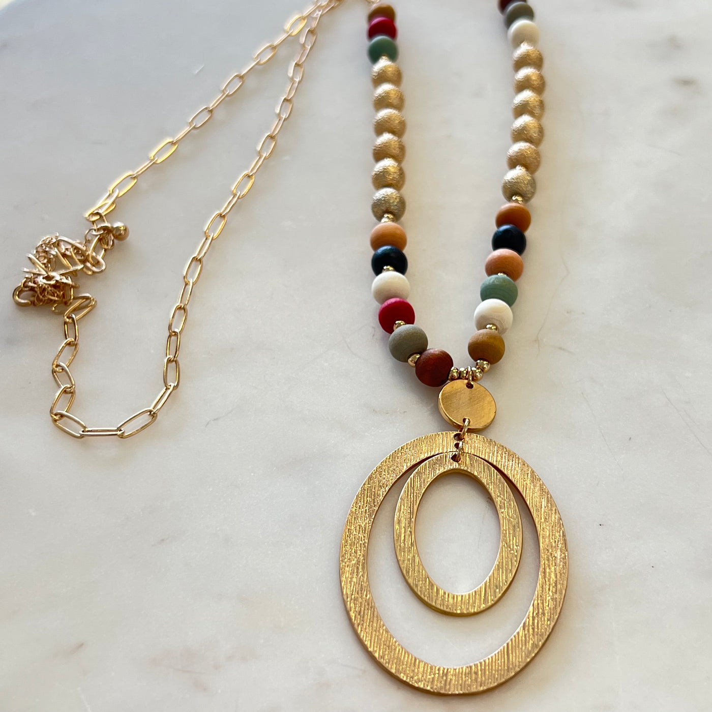 Beaded with Double Oval Gold Drop Necklace
