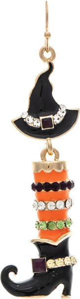 Add a little spooky sparkle to your style with the Wickedly Glam Boot Earrings. Featuring a rhinestone-accented witch hat paired with a colorful striped boot embellished with shimmering crystal details, these whimsical earrings are perfect for Halloween season or anyone who loves playful statement accessories. Fun, festive, and full of personality, they're sure to cast a stylish spell wherever you go.

Gold-tone dangle earrings
Witch hat and boot design
Rhinestone embellishments throughout
