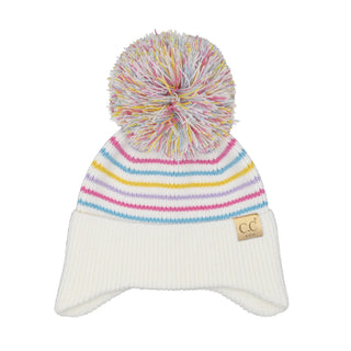 KIDS Stripe Earflap Yarn Pom Beanie