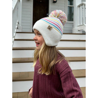 KIDS Stripe Earflap Yarn Pom Beanie