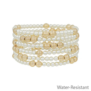 Gold Textured and Pearl Beaded Stretch Bracelet Set