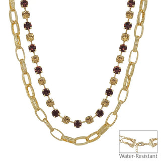 A little sparkle, a little edge, and an effortlessly layered look. This gold-tone necklace pairs a textured elongated link chain with a delicate strand of alternating faceted stones, giving you the look of perfectly styled layers in one easy piece.

Details

Gold-tone finish
Double-layered design
Faceted stone accents
Textured elongated link chain
Adjustable 16"–18" length
Water-resistant
Available in Black, Clear, or Topaz

FINAL SALE ITEM.
