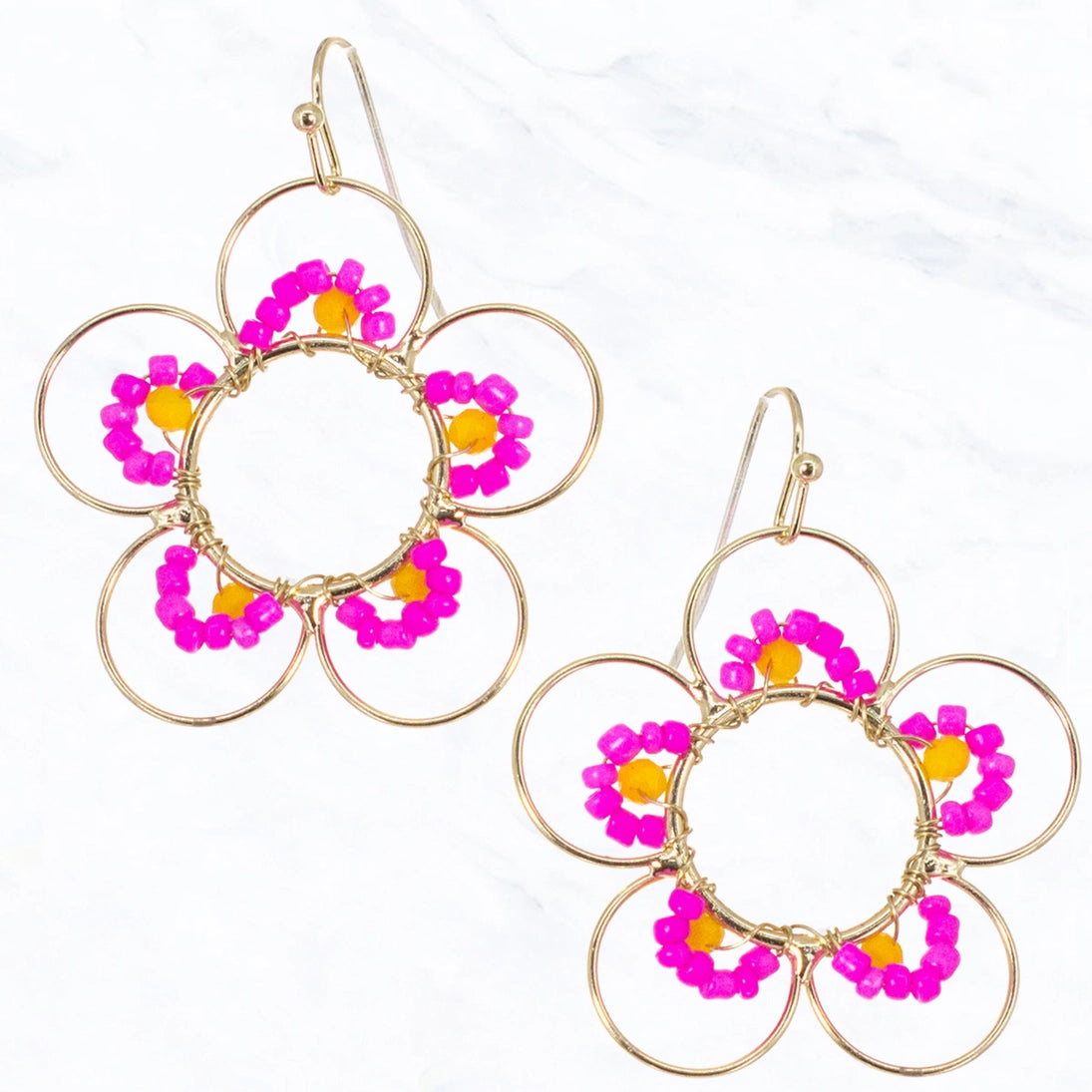 Metal Wire Flower Earrings with Seed Beads