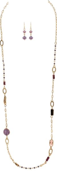 A beautiful mix of color, texture, and delicate detail, the Gilded Gemstone Necklace & Earring Set adds an effortlessly artistic touch to any outfit. The long gold-tone necklace features an assortment of colorful stone-inspired beads, textured accents, and mixed shapes throughout the chain. Coordinating purple drop earrings complete the look for an easy, ready-to-wear set.

Details

Necklace and matching earring set
Gold-tone finish
Assorted colorful stone-inspired accents
Purple, burgundy, blush, and neutr