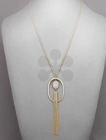 Rose Oval Quartz Stone & Pendant Tassel Necklace