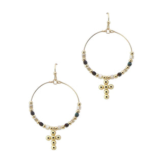 A meaningful statement with artisan-inspired charm. The Faith &amp; Grace Beaded Cross Hoop Earrings feature a lightweight gold-tone hoop adorned with a mix of metallic and neutral beads, finished with a delicate beaded cross charm that sways with every step. Whether paired with a casual outfit or your Sunday best, these earrings add a beautiful touch of faith and style.

Details:

Gold-tone finish
Mixed metallic and neutral bead accents
Beaded cross charm
Fish hook ear wire closure
Lightweight hoop design
