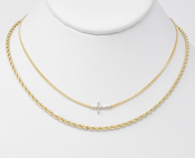 Braided Chain with Rhinestone Cross Layered Necklace