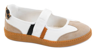 A little sporty, a little western, and completely on trend! The Calm Down Sneaker by Corkys puts a fresh spin on the classic Mary Jane with retro sneaker styling. Featuring soft neutral suede accents, a comfortable hook-and-loop strap, bold black and camel side stripes, a gum sole, and a fun leopard-print heel, this shoe is made for everything from busy weekdays to weekend adventures.

Features:

Corkys signature all-day comfort
Retro-inspired Mary Jane sneaker
Adjustable hook-and-loop strap
