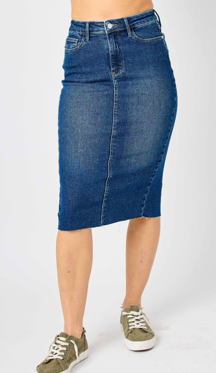 Judy Blue HW Back Slit Mid Length Skirt