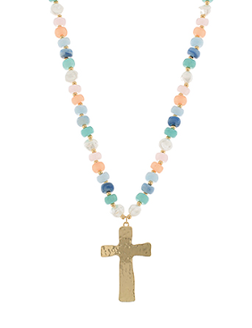 Add a meaningful touch to your everyday style with the Faith & Color Cross Necklace. Featuring a strand of colorful faceted beads paired with a textured gold-tone cross pendant, this necklace blends timeless faith-inspired design with a fresh pop of color. Perfect for layering or wearing on its own, it's a versatile piece you'll reach for again and again.

Faceted beaded necklace
Textured gold-tone cross pendant
Lightweight and comfortable to wear
Lobster clasp closure
Available in Green, Blue, or Multi

