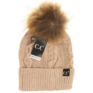 Ribbed Cuff Fur Pom Beanie