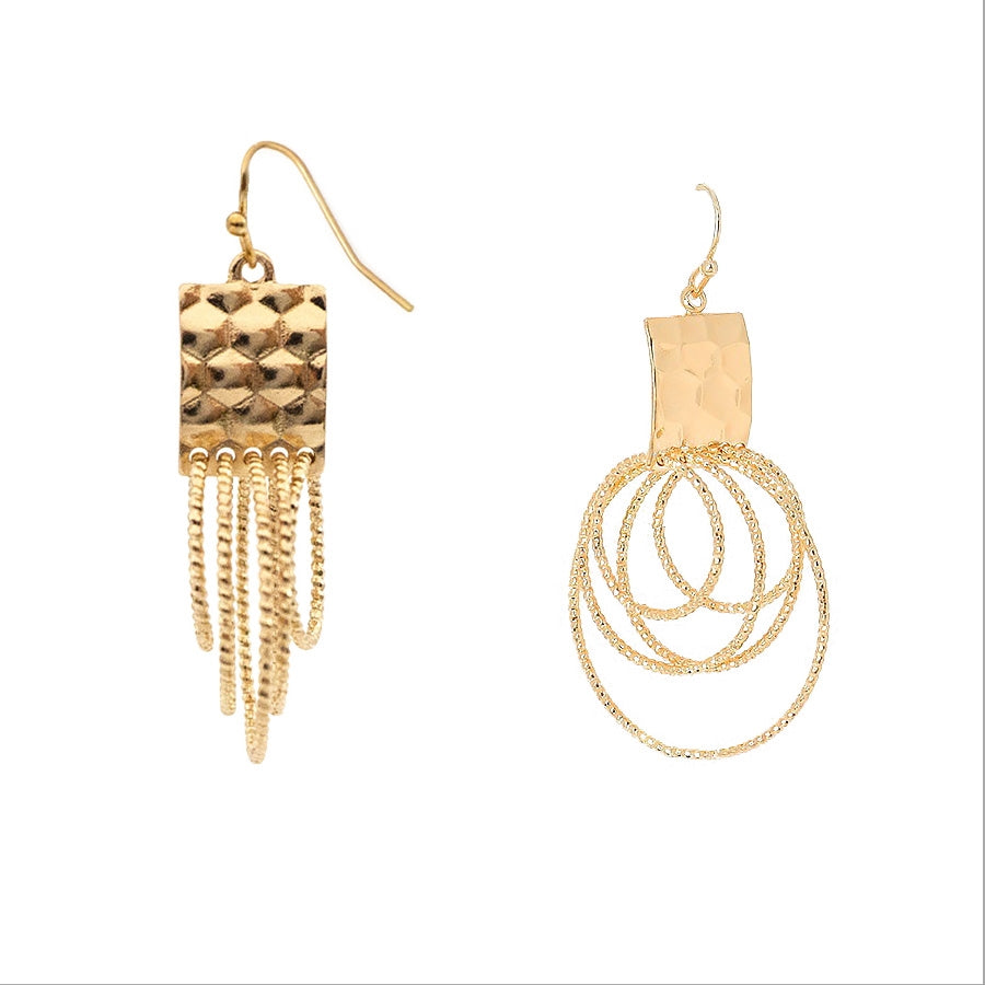 Gold Textured Layered Circle & Square Accent Earring