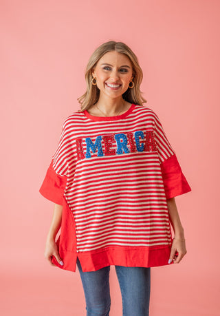 'America' Rhinestone Embroidery Stripe Top - Bray and Em Boutique