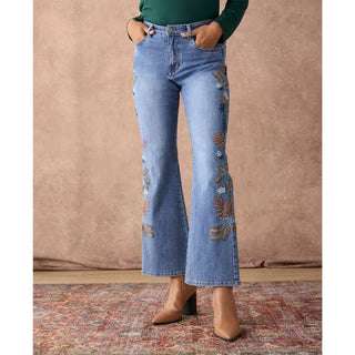 Bambu Soft Flare Leaf Embroidered Jean - Bray and Em Boutique