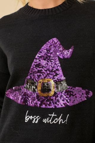 Boss Witch Sequin Hat Sweater - Bray and Em Boutique