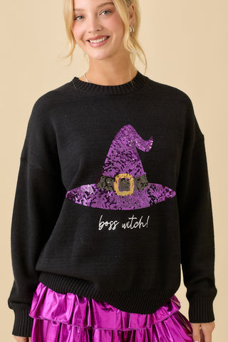 Boss Witch Sequin Hat Sweater - Bray and Em Boutique
