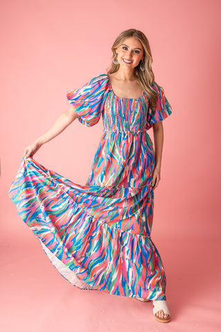 Colorful Strokes Puff Sleeve Maxi Dress - Bray and Em Boutique