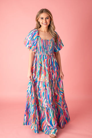 Colorful Strokes Puff Sleeve Maxi Dress - Bray and Em Boutique