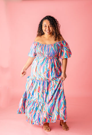 Colorful Strokes Puff Sleeve Maxi Dress - Bray and Em Boutique