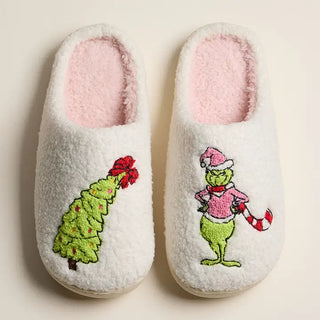 Grinch Monster Holiday Embroidery Slippers