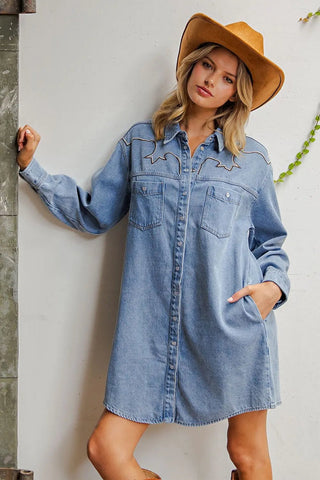 Frontier Belle Embroidered Denim Mini Dress - Bray and Em Boutique