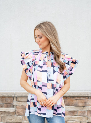 Geometric Ruffled Sleeve Blouse - Bray and Em Boutique