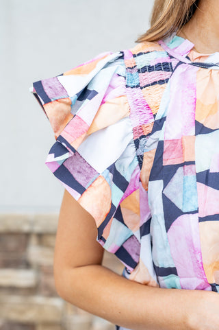 Geometric Ruffled Sleeve Blouse - Bray and Em Boutique
