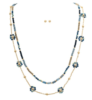 Gold Blue Bead Layer Flowers Necklace Set - Bray and Em Boutique