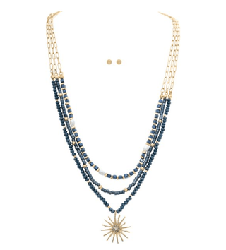 Gold Blue Beaded Layer Sunburst Necklace Set - Bray and Em Boutique